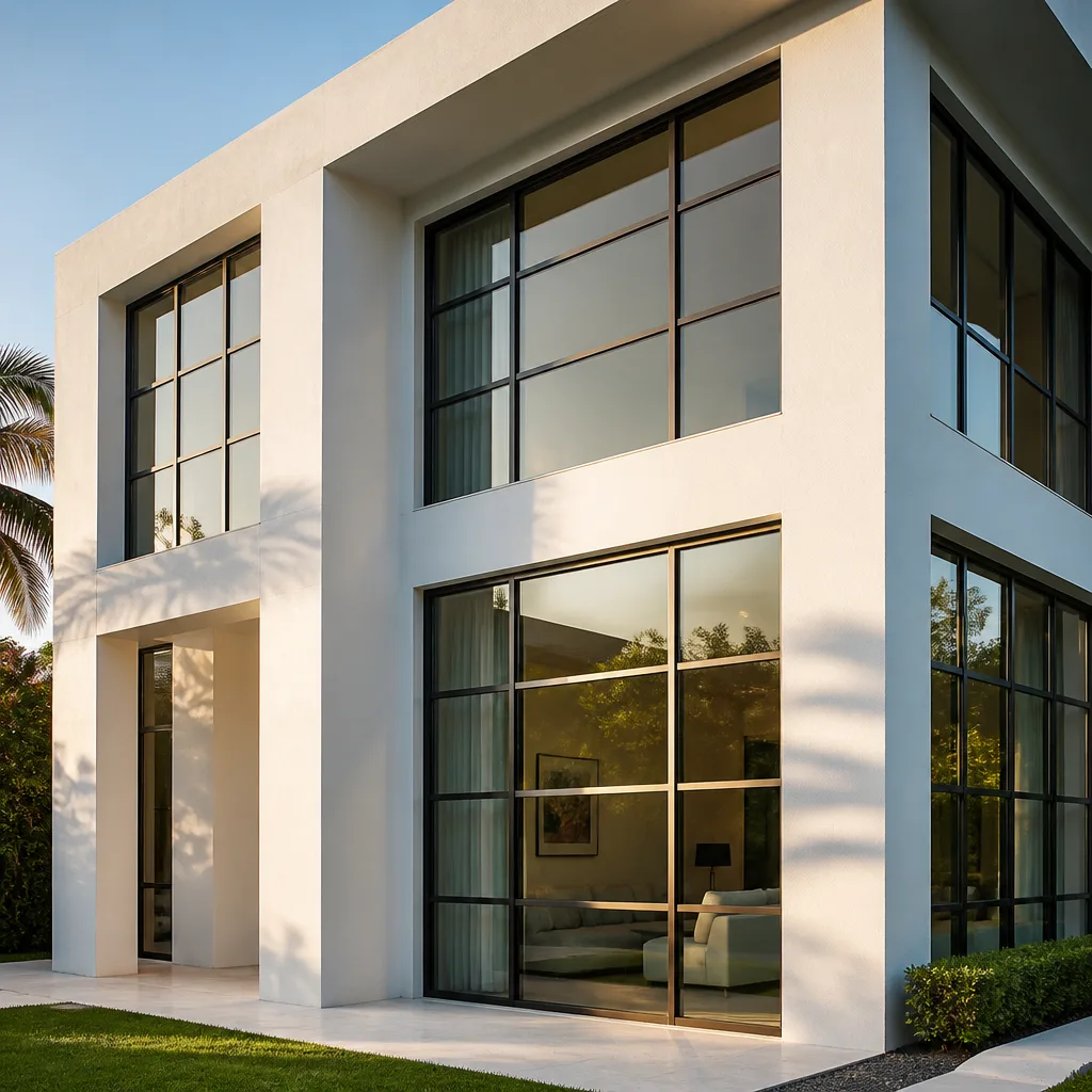 Modern luxury home featuring high-end black framed glass windows and doors.